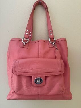 Coach coral Pink Leather Tote Bag with Front Flap Pocket